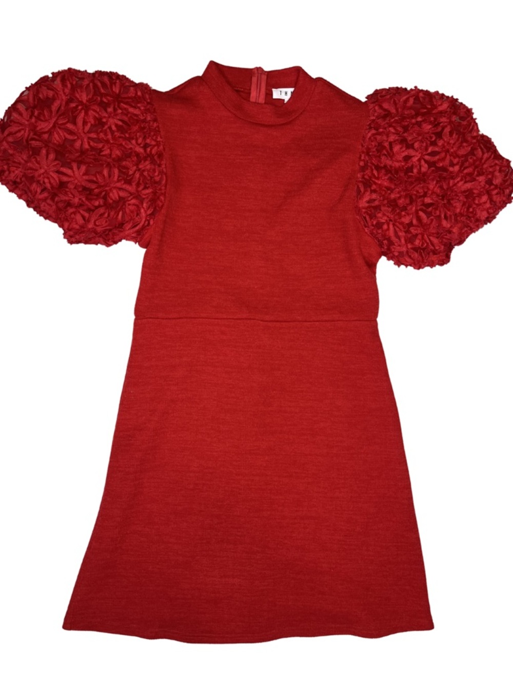 THML Red Puff Sleeve Textured Floral Mini Dress Size Medium Holiday Cocktail